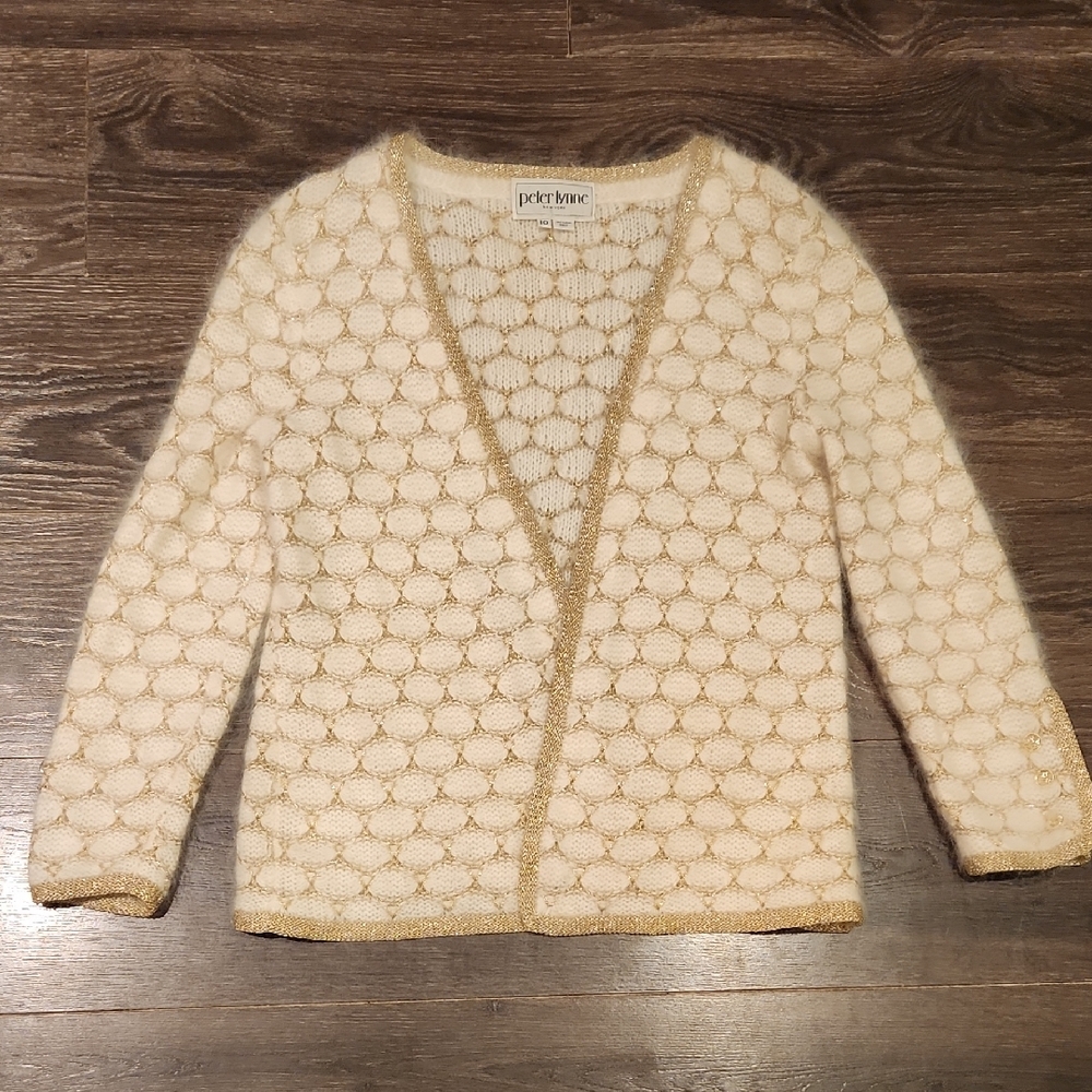 ❤️ 80s VINTAGE PETER LYNNE NEW YORK GOLD CREAM ANGORA SWEATER CARDIGAN, 10 - Picture 2 of 11